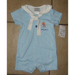 NWT Boys Sz 6 Months Blue Stripe Nautical Sailor Soft Cotton Romper NEW POTATOES